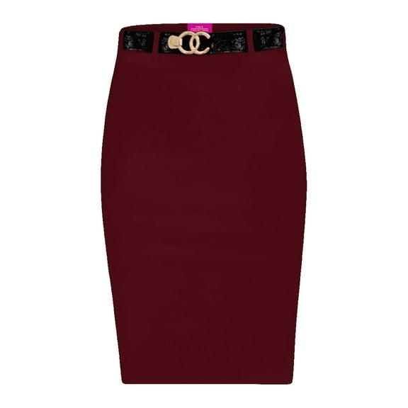 Obadiah Collection Stretchy Pull on Pencil Skirt for Women with Pockets and Belt(Burgendy , Large)