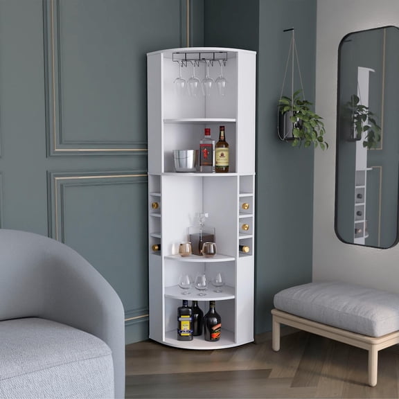 Oban Corner Bar Cabinet with Five Shelves, Eight Bottle Cubbies and Stemware Storage