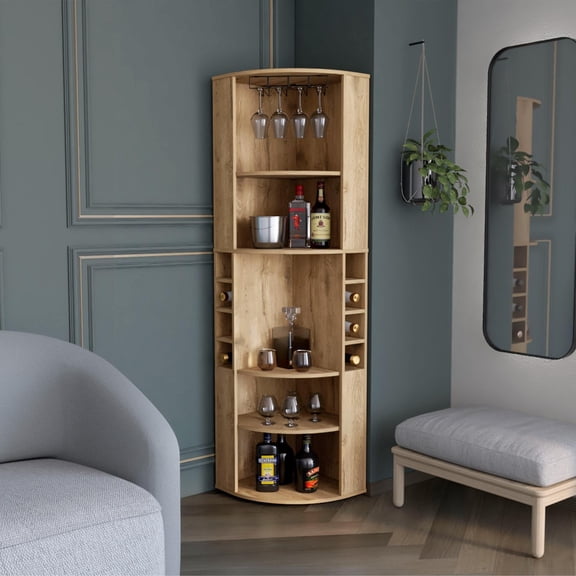 Oban Corner Bar Cabinet with Five Shelves , Eight Bottle Cubbies and Steamware Macadamia