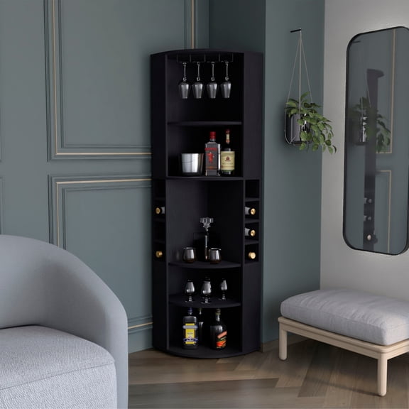 Oban Corner Bar Cabinet with Five Shelves, Eight Bottle Cubbies and Stemware Storage