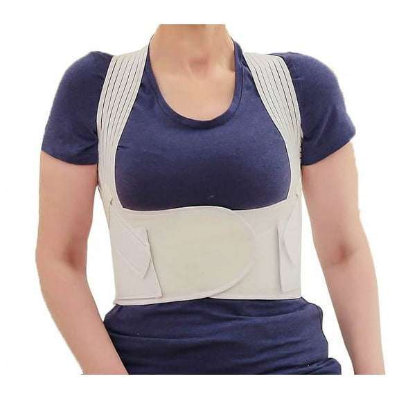 ObboMed MB-3400S Back Brace Posture Corrector Wrap for Men and Women, Lower back and Lumbar Support Belt with Shoulder Straps and Front Hook and Loop Closure to Avoid Hunchback, Cream, Size S:24-30