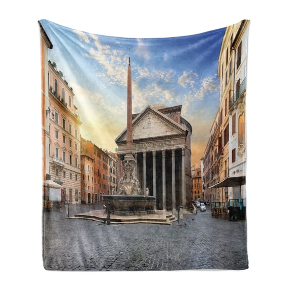 Obelisk Soft Flannel Fleece Blanket, Traveling Italy Landmarks Picture of Pantheon and Fountain in Rome at Early Morning, Cozy Plush for Indoor and Outdoor Use, 60" x 80", Multicolor, by Ambesonne
