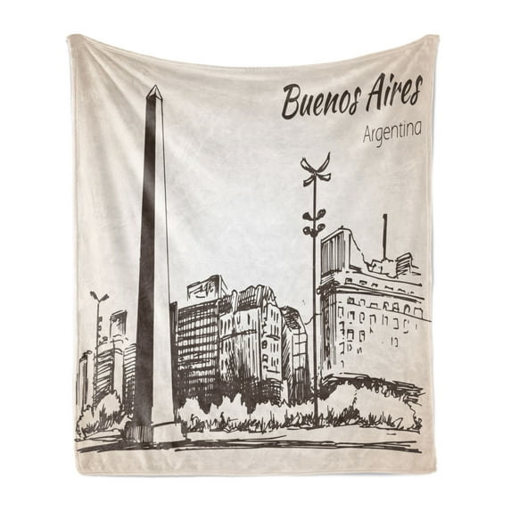 Obelisk Soft Flannel Fleece Throw Blanket, Buenos Aires Argentina Lettering City Sketch with Famous Monument, Cozy Plush for Indoor and Outdoor Use, 60" x 80", Dark Taupe and Eggshell, by Ambesonne