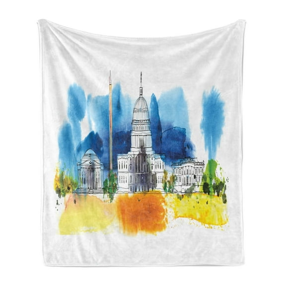Obelisk Soft Flannel Fleece Throw Blanket, Design Painting of Washington DC White House Print, Cozy Plush for Indoor and Outdoor Use, 50" x 70", Sea Blue Orange, by Ambesonne