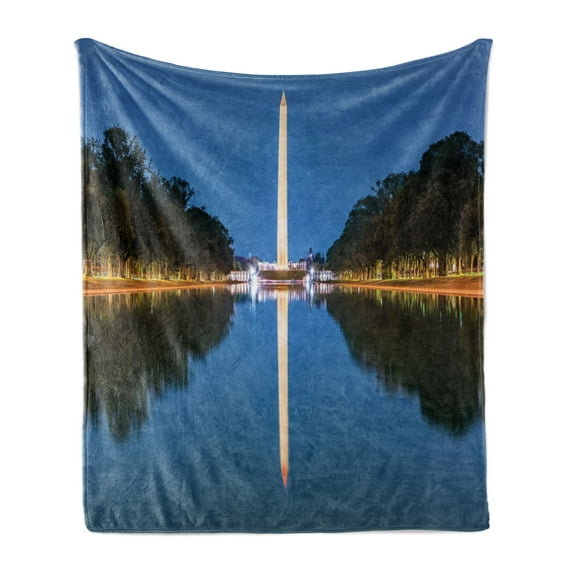 Obelisk Soft Flannel Fleece Throw Blanket, Photo of Washington Monument Reflection on Pool at Night Time Structure Print, Cozy Plush for Indoor and Outdoor Use, 60" x 80", Multicolor, by Ambesonne