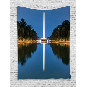 Obelisk Tapestry, Photo of Washington Monument Reflection on Pool at Night Time Structure Print, Wall Hanging for Bedroom Living Room Dorm Decor, 60W X 80L Inches, Multicolor, by Ambesonne