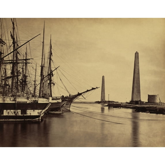 Obelisks On Shore And Ships Moored At The Port Said Entrance To The Suez Canal. 1860 Photo By Francis Frith.