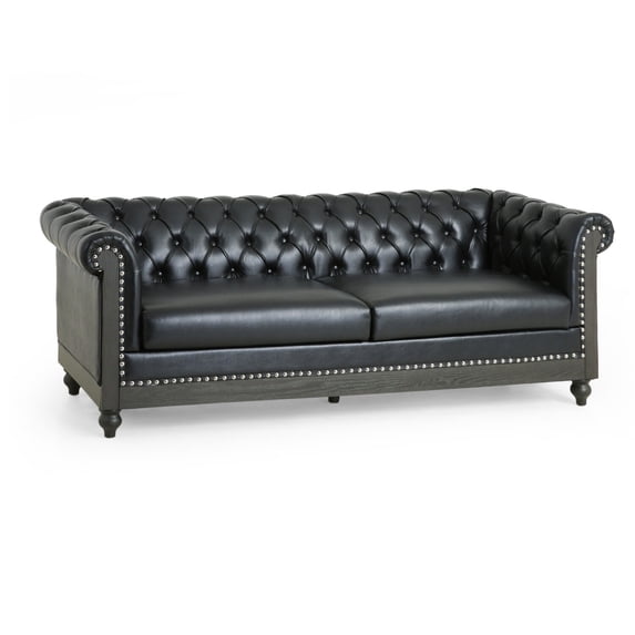 Benjara Ober Sofa, Rivets Chesterfield Tufted Black Faux Leather, 79 Inch Gray Wood