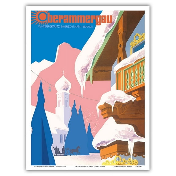 Oberammergau Germany - Winter Playground Bavarian Alps - Lufthansa - Vintage Airline Travel Poster by Albert Staehle c.1960s - Master Art Print (Unframed) 9in x 12in