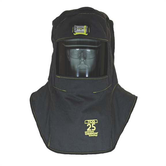 OBERON Hood with Hard Cap - Arc Flash - 25 Cal TCG - Color: Black - Window: True Color Grey (TCG) - With EZ Lift