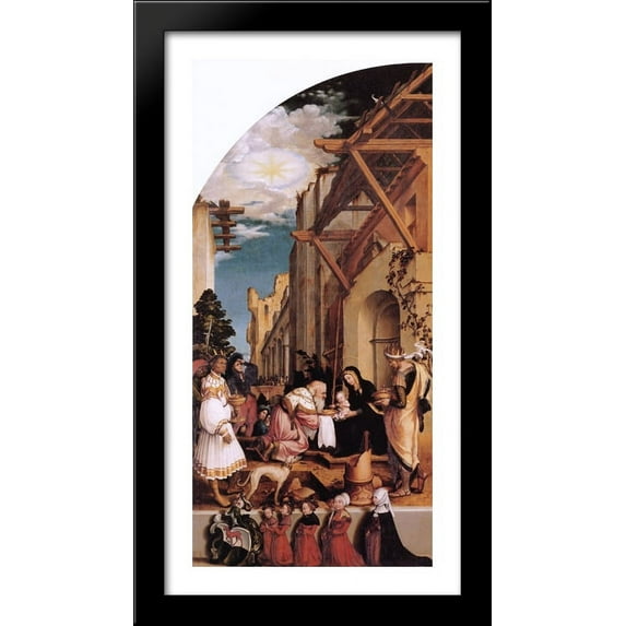 Oberried Altarpiece, left interior wing - The Adoration of the Magi 22x40 Large Black Wood Framed Print Art by Hans Holbein the Younger