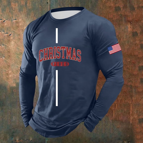 Obersheen Christmas Long Sleeve Crewneck Tee for Mens Plus Size Fashion Casual Graphic T-Shirt Lightweight Pullover Shirts 2025 2026 Spring Fall (#07-Navy,XXXL)