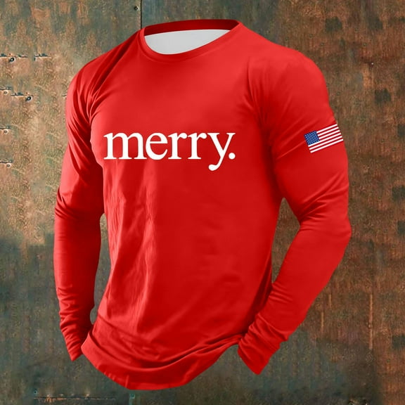 Obersheen Christmas Men's and Big Men's Letter Print Tee Long Sleeve T-Shirt Pullover Basic Crew Neck Casual Slim Fit (#01-Red,M)