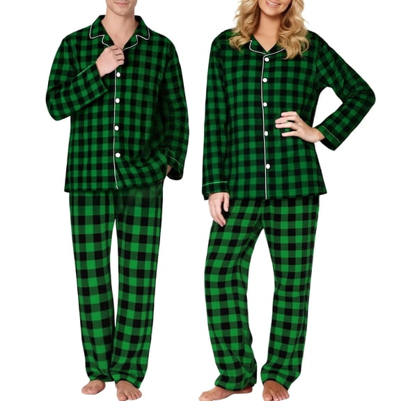 Obersheen Couple Flannel Plaid Christmas Pajama Sets for Women Men Holiday PJs Set Soft Long Sleeve Button Down Sleepwear (Dark Green,XXXL)
