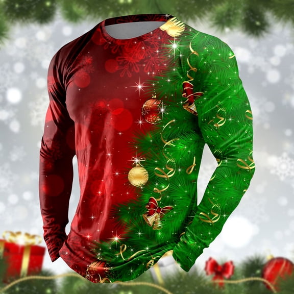 Obersheen Holiday Tops for Men 2025 2026 Funny Christmas Shirts Long Sleeve Crewneck Pullover Cute Xmas Graphic Tee Shirt (#15-Red,XXXL)