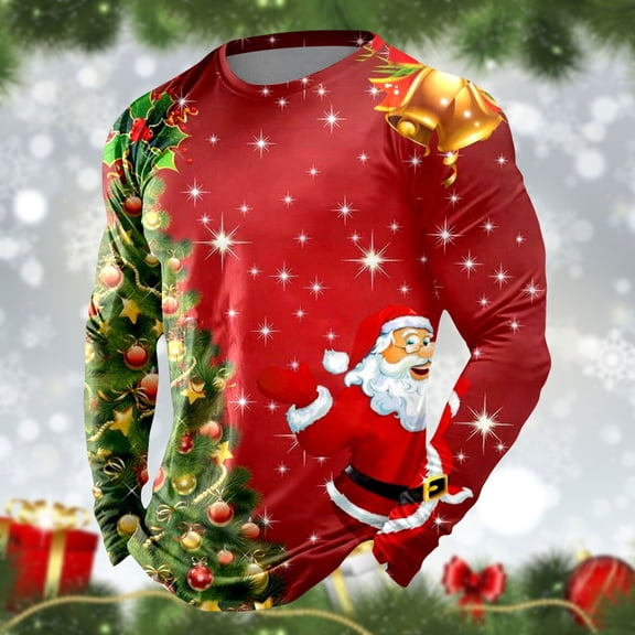 Obersheen Holiday Tops for Men 2025 2026 Funny Christmas Shirts Long Sleeve Crewneck Pullover Cute Xmas Graphic Tee Shirt (#20-Red,XXXXL)
