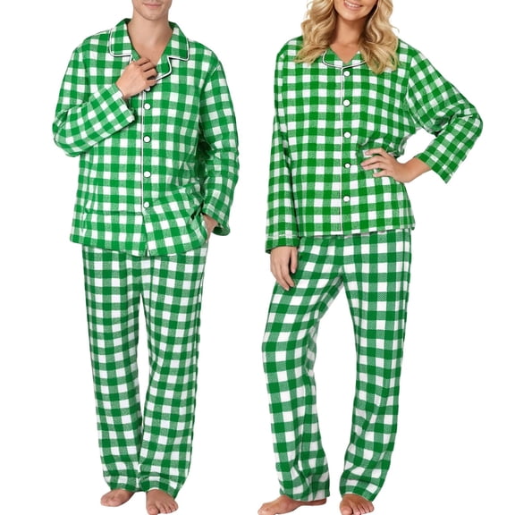 Obersheen Mens Womens Plaid Pajama Sets Warm Flannel Lounge Sets Button Down Top Straight Leg Pants with Pockets Y2K Pjs Sleepwear (Light Green,XXL)