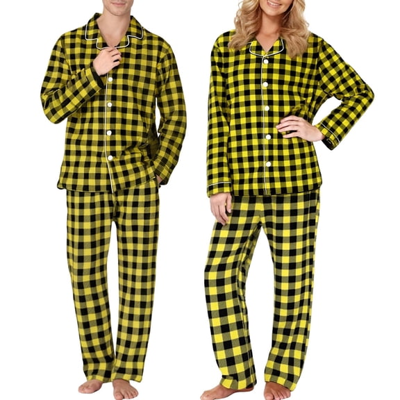 Obersheen Mens Womens Plaid Pajama Sets Warm Flannel Lounge Sets Button Down Top Straight Leg Pants with Pockets Y2K Pjs Sleepwear (Yellow,XXL)