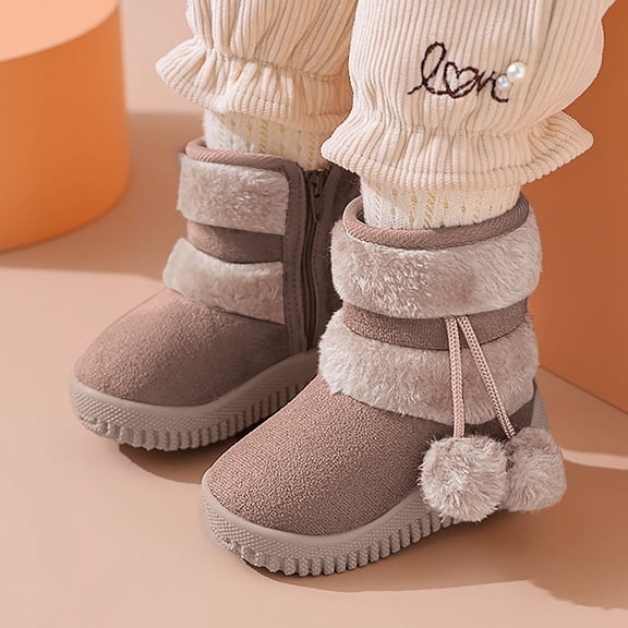 Obersheen Toddler Snow Boots Kids Girls Insulated Winter Warm Snow Boots Side Zipper Ankle Booties with Fluffy Ball (Toddler/Little Kid) (#02-Beige,12.5)