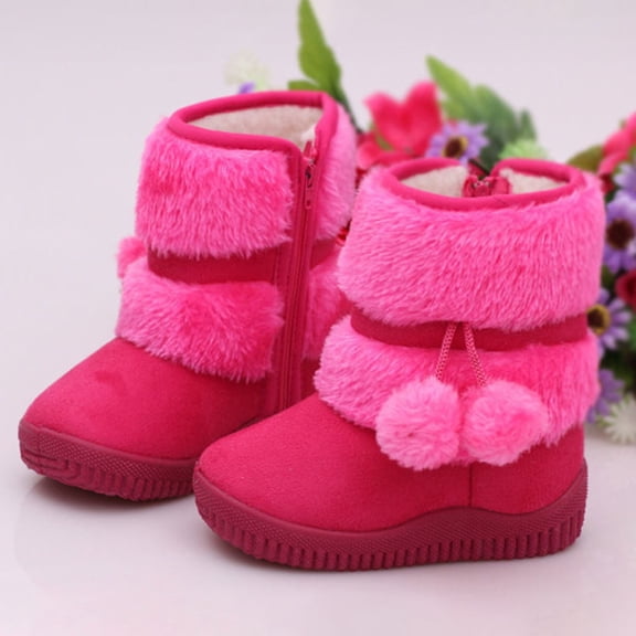 Obersheen Toddler Snow Boots Kids Girls Insulated Winter Warm Snow Boots Side Zipper Ankle Booties with Fluffy Ball (Toddler/Little Kid) (#02-Hot Pink,10)