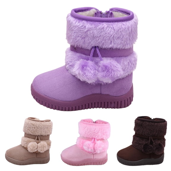 Obersheen Toddler Snow Boots Kids Girls Insulated Winter Warm Snow Boots Side Zipper Ankle Booties with Fluffy Ball (Toddler/Little Kid) (#02-Purple,7.5)