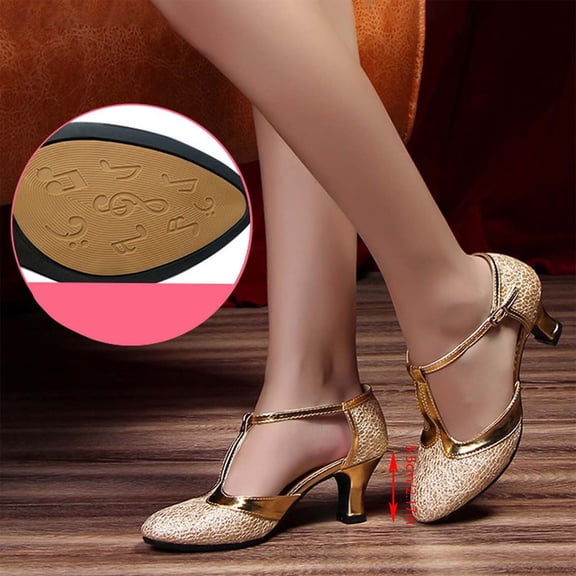 Obersheen Women's 2.17" High Dance Heels PU Sandals Closed Toe Non Slip Dancing Pumps for Party Festival New Year - Gold,7.5