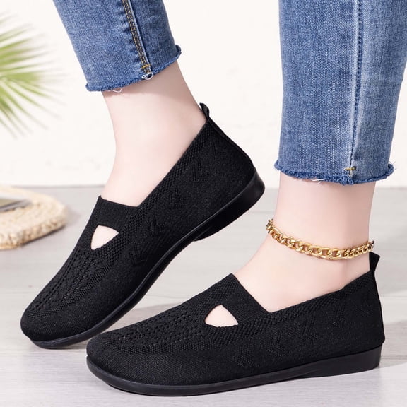 Obersheen Women's Flat Slip On Walking Shoes Non Slip Breathable Minimalist Knit Upper Lightweight Sneakers Spring Fall - Black,8