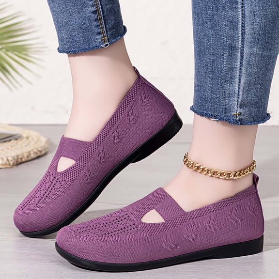 Obersheen Women's Flat Slip On Walking Shoes Non Slip Breathable Minimalist Knit Upper Lightweight Sneakers Spring Fall - Purple,8
