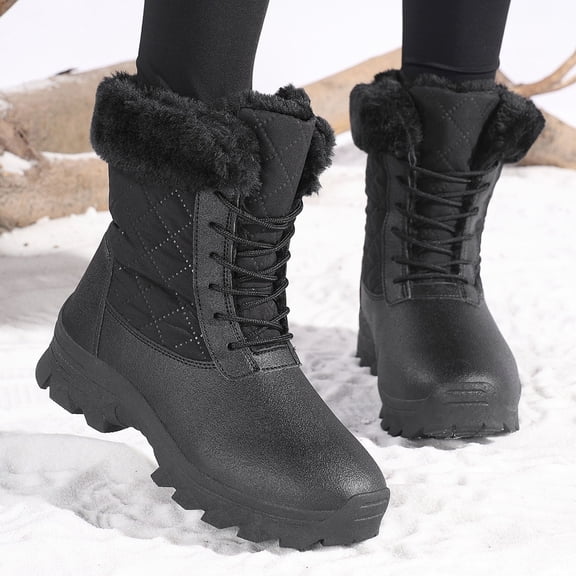 Obersheen Women's Mid-Calf Snow Boots with Lining, Winter Outdoor Warm Cozy Black and White Boots for Women (Black,8.5)