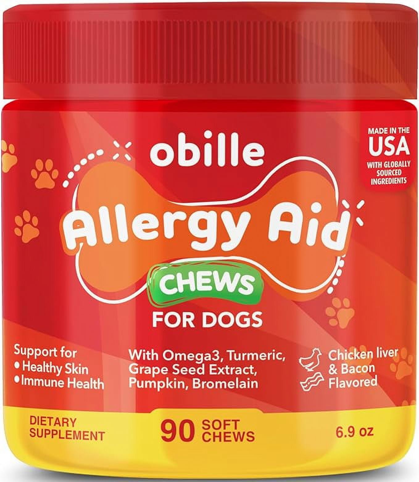 Obille Allergy Aid for Dogs 90 Chews 6.9oz Itch Relief for Dogs, Skin
