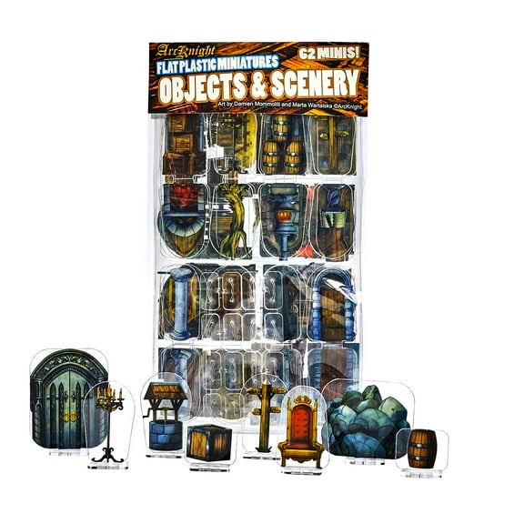 Arcknight Flat Plastic Miniatures: Objects and Scenery; 62 Unique Background-Themed Minis for DnD 5e and Pathfinder; Affordable, Skinny Figurines for Dungeons and Dragons and other Tabletop RPG games