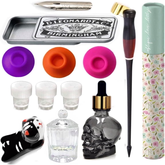 Oblique Calligraphy Pen Set Moon Sumi : Copperplate Pen, Glass well, Dip Pen Well, Nikko G Nib, Pen Rest, Nib Tin Organizer (Oblique Pen Set w/Black Cat Rest)