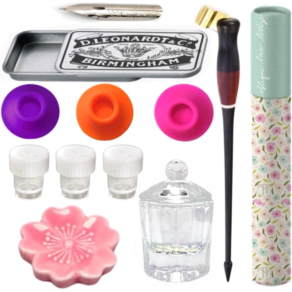 Oblique Calligraphy Set – Hand-Adjusted Brass , Ergonomic Dip Pen, Leakproof well, Ceramic Pen Rest & Instruction – Ideal for Copperplate, Spencerian & Modern Calligraphy