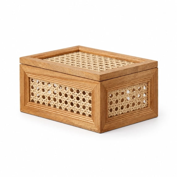 Oblong Decorative Tabletop Storage Box, Rattan and Wood with Glass, 8 x ...