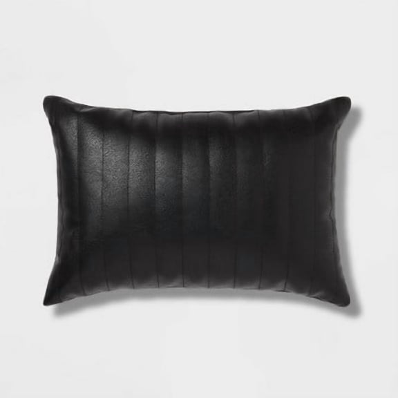 Oblong Faux Leather Channel Stitch Decorative Throw Pillow Black -Indoor Rectangle Cushion, Polyurethane & Cotton