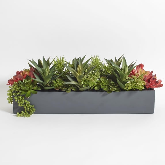 Rectangular Artificial Succulent Arrangement, Gray Planter