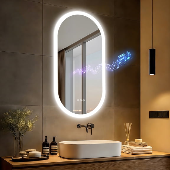 Oblong Oval Tempered Glass LED Backlit Bathroom Vanity Mirror, Dimmable Bluetooth with Double NdFeB Speakers & Smart Memory Function