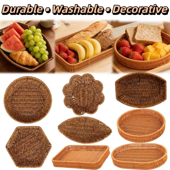 Oblong Plastic Imitation Rattan Storage Basket, Hand-Woven Fruit and Vegetable Tray for Supermarket or Home, Durable Multi-Functional Bread and Snack Tray, AKLJWH