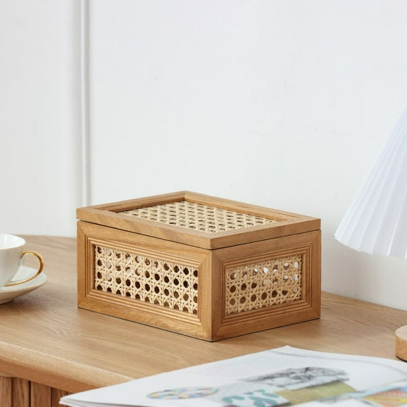Home Decor Collection Oblong Rattan and Wood Decorative Tabletop Box