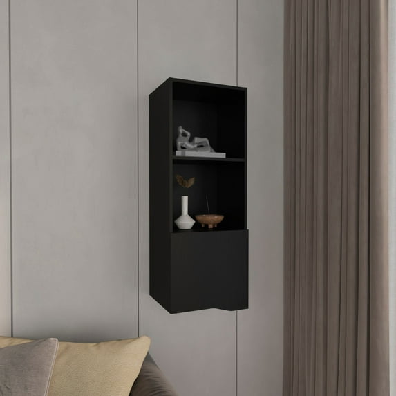 Obregon 43" Tall One-Door Wall Cabinet with Two Open Shelves, Medicine Cabinet Black