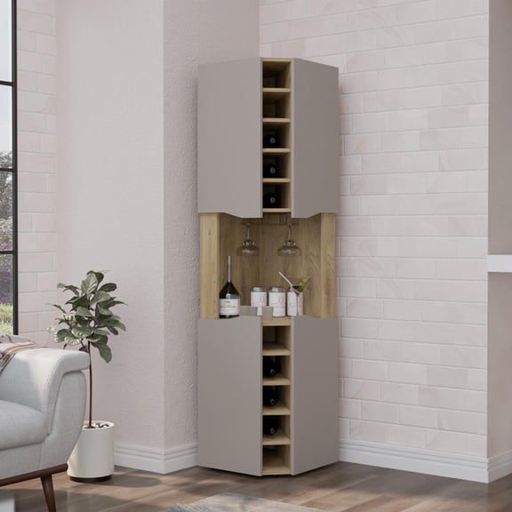 TUHOME Obregon Corner Bar Cabinet, 71.7" Tall Liquor Cabinet, 10-Bottle Wine Rack, 4 Doors, Macadamia/Taupe