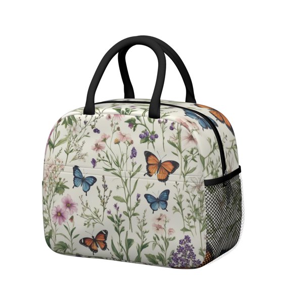 Obrewu Pioneer Flower and Butterfly Lunch Bag for Adult, Insulated, Leakproof, Oxford Cloth