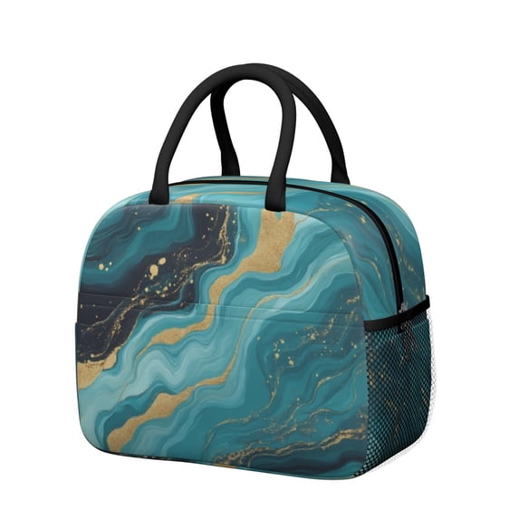 Obrewu Teal Gold Marble Lunch Bag for Adult, Insulated, Leakproof, Oxford Cloth