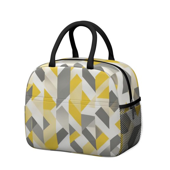 Obrewu Yellow and Gray Modern Art Geometric Lunch Bag for Adult, Insulated, Leakproof, Oxford Cloth