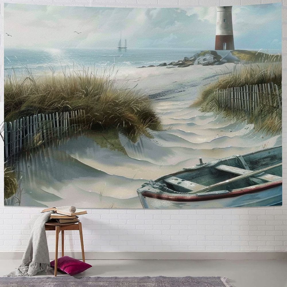 Obrewy Boat Lighthouse Beach Tapestry Wall Decoration for Dorm, Easy