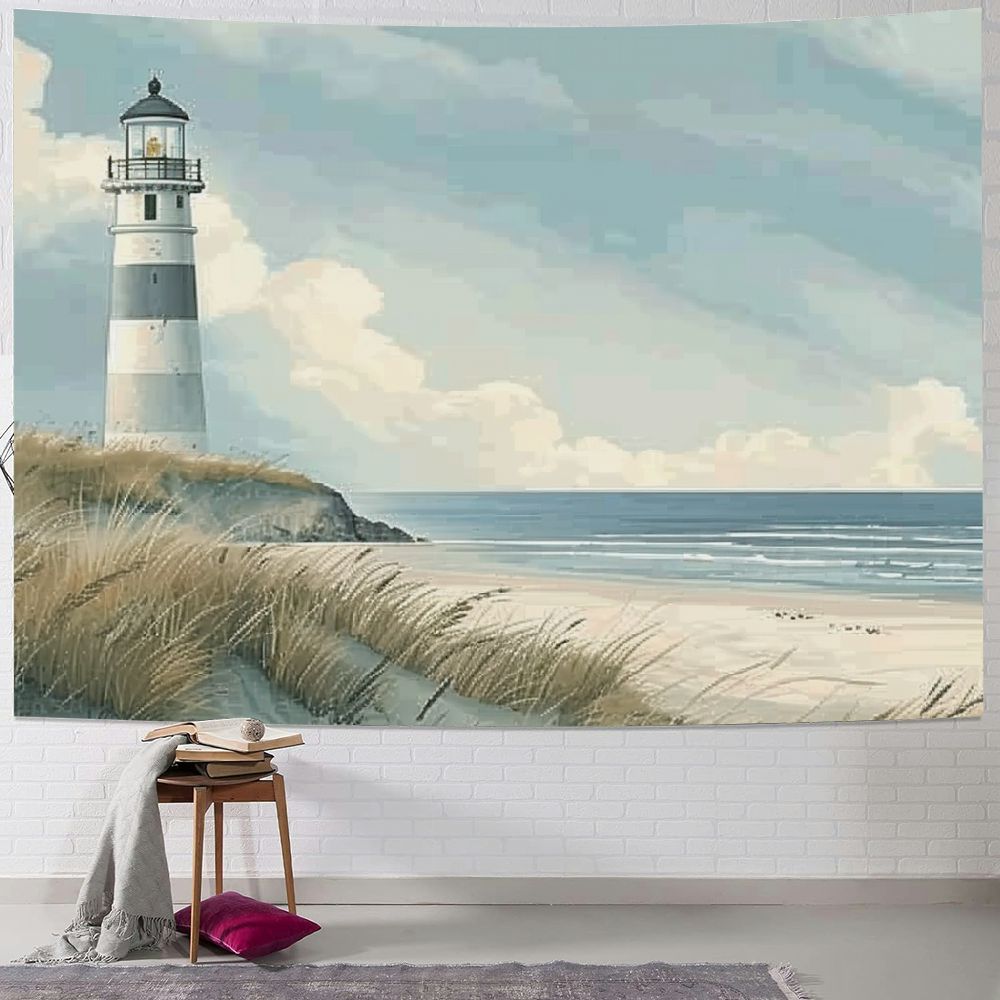 Obrewy Lighthouse Beach Sky Tapestry Wall Hanging Wall Art Tapestry 40x30inch