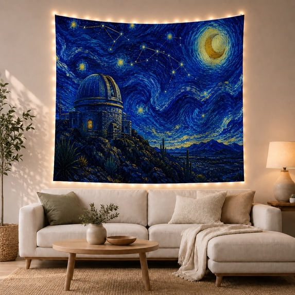 Observatory in Desert Night with Moon and Constellations, Dreamy Painterly Art for Astronomy Fans, Night Sky Decor, Graduation Gift, Tapestry Wall Hanging for Study Room and Dorm
