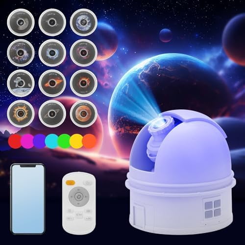 Observatory-Inspired Projector for Kids & Adults – HD Focus Adjustable Galaxy Lamp with 12 Discs, Voice Astronomy Education, Auto Shut-Off, White Noise, Rotating & Brightness Control