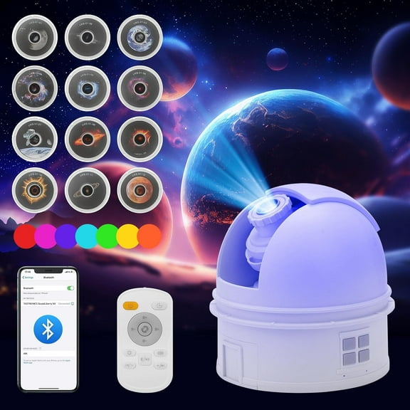 Observatory Projector Light,12 Projection Discs, Bluetooth, White Noise and Remote Control Space Lamp Room Decor for Bedroom Teens,White