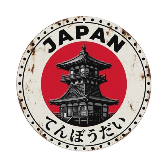 Observatory Tower Japan Viewing Platform Weathered Vintage Metal Tin Sign Plaque Wall Decor for Cafe, Club, Garden Round Metal Poster 8x8Inch